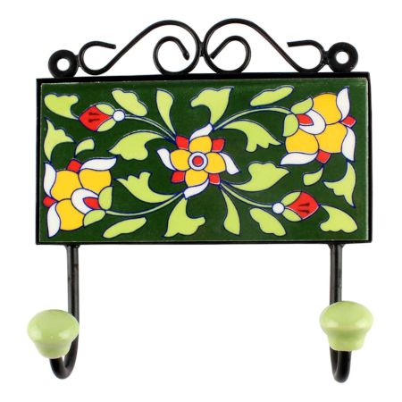 Forest Green Ceramic Floral Tile Hook